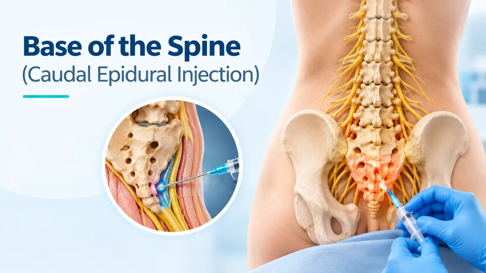 Base of the Spine (Caudal Epidural Injection) Illustration of a caudal epidural injection at the base of the spine