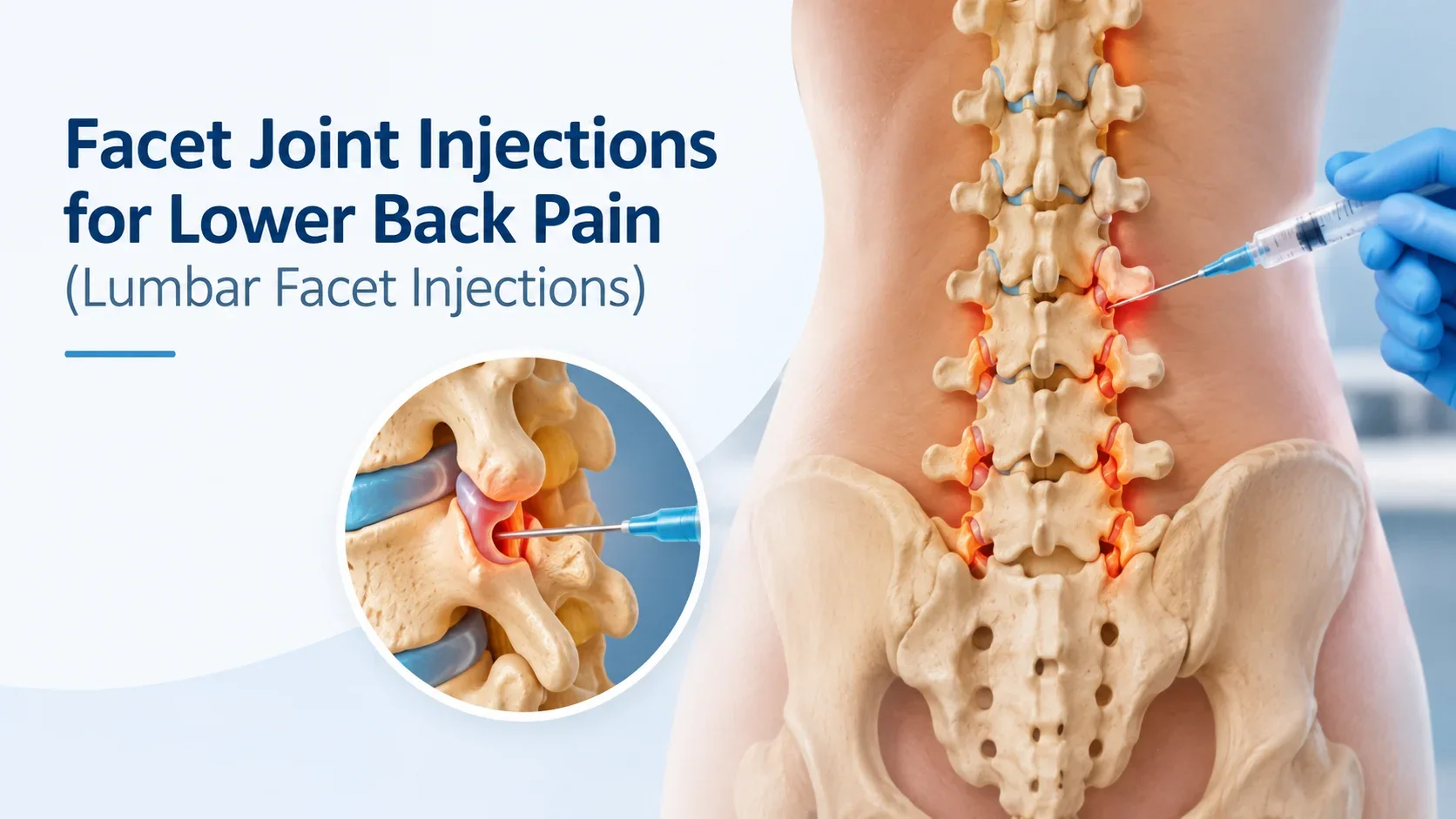 Illustration of a lumbar facet joint injection for lower back pain