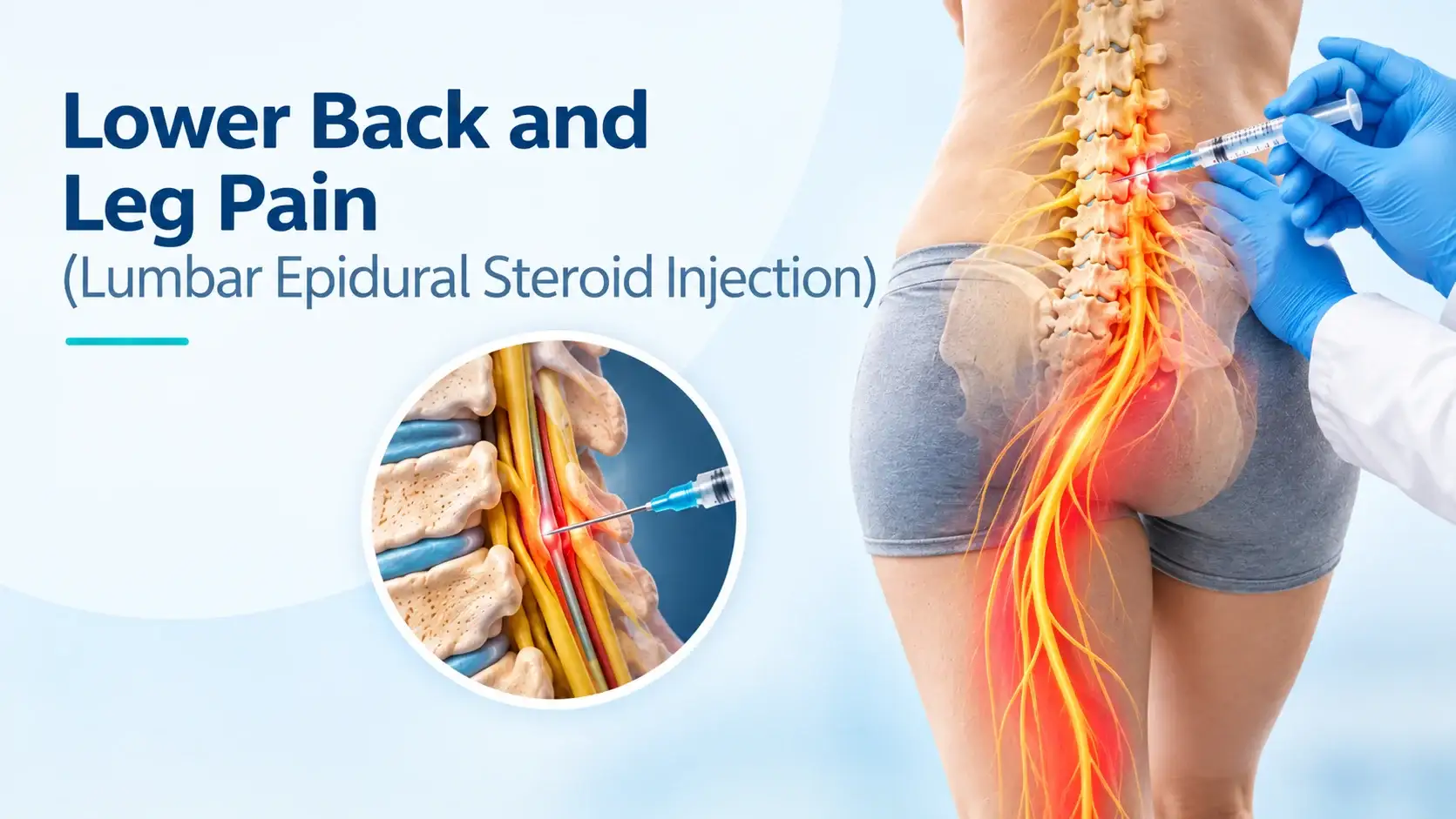 Lower Back and Leg Pain (Lumbar Epidural Steroid Injection) Illustration of a lumbar epidural steroid injection for lower back and leg pain