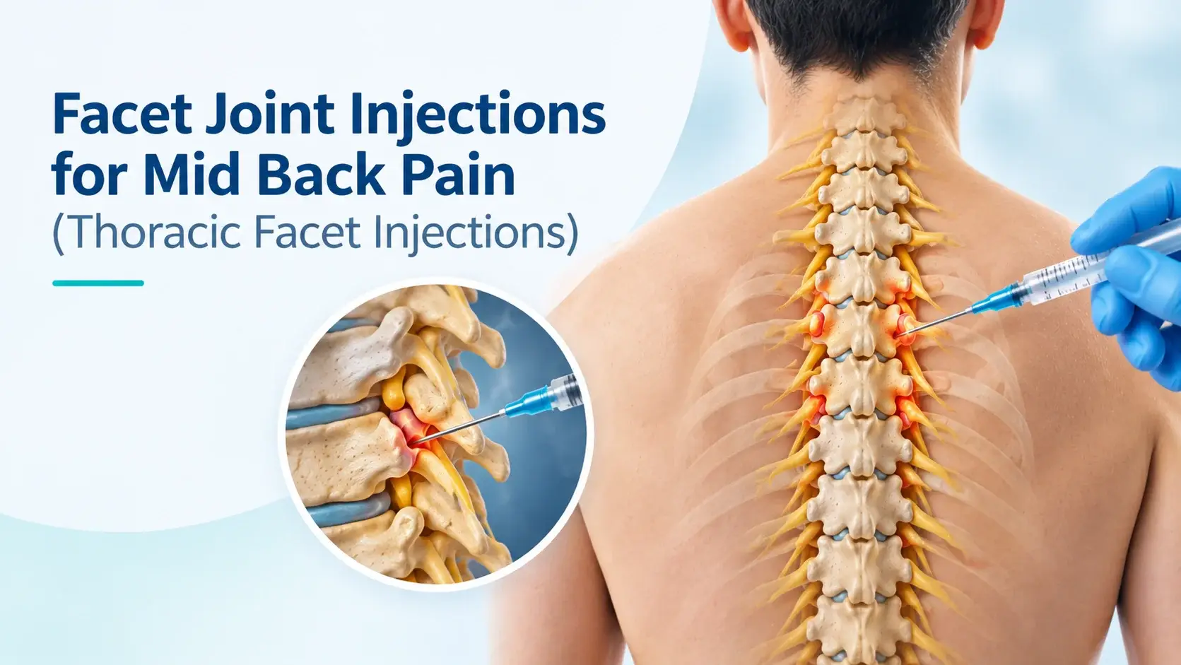 Illustration of a thoracic facet joint injection for mid back pain