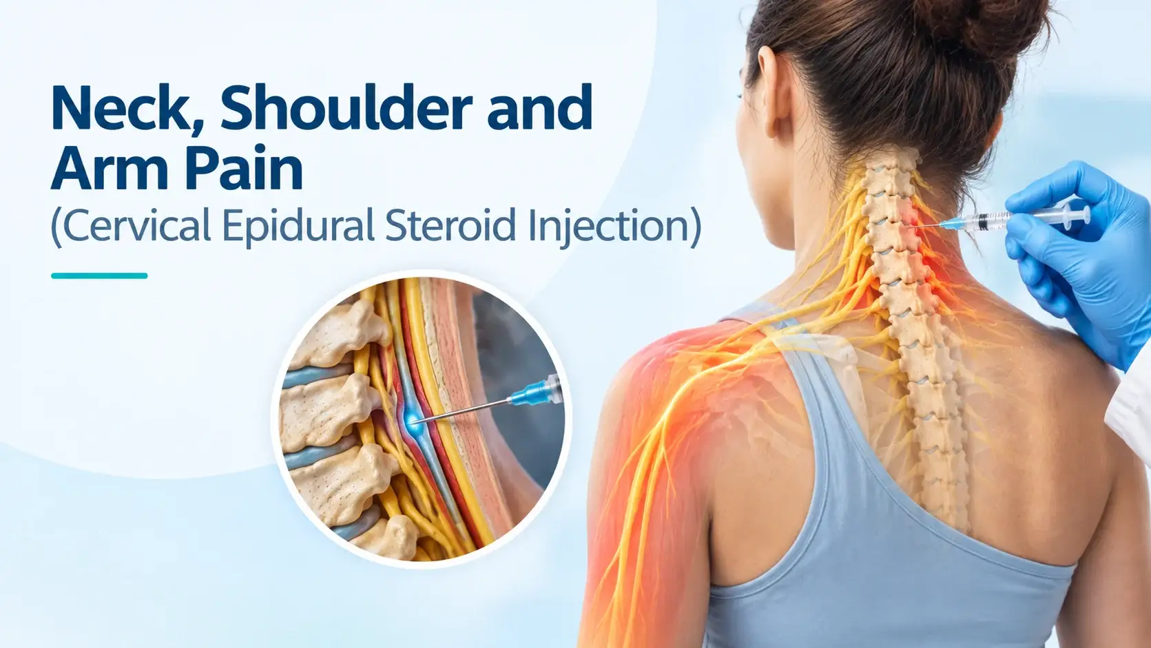 Neck, Shoulder and Arm Pain (Cervical Epidural Steroid Injection) Illustration of a cervical epidural steroid injection for neck, shoulder and arm pain