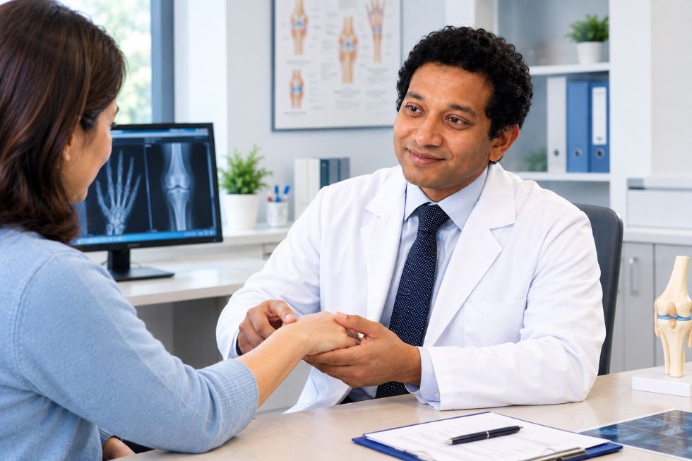 rheumatologist-joint-examination-consultation-renew-skin-and-health-clinic Rheumatologist examining a patient’s wrist during a rheumatology consultation